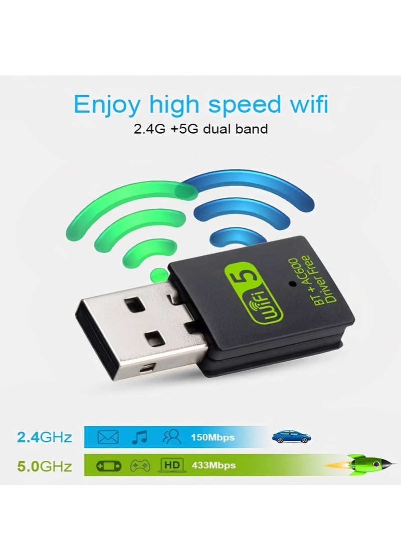 FLOWING - 600m Dual Band Bluetooth Wireless Network Card 2.4g/5g Computer Wireless USB Bluetooth wifi 2-in-1 Network Card Drive Free USB WiFi Bluetooth Adapter for PC/Laptop/Desktop Mini WiFi Adapter - Image 1