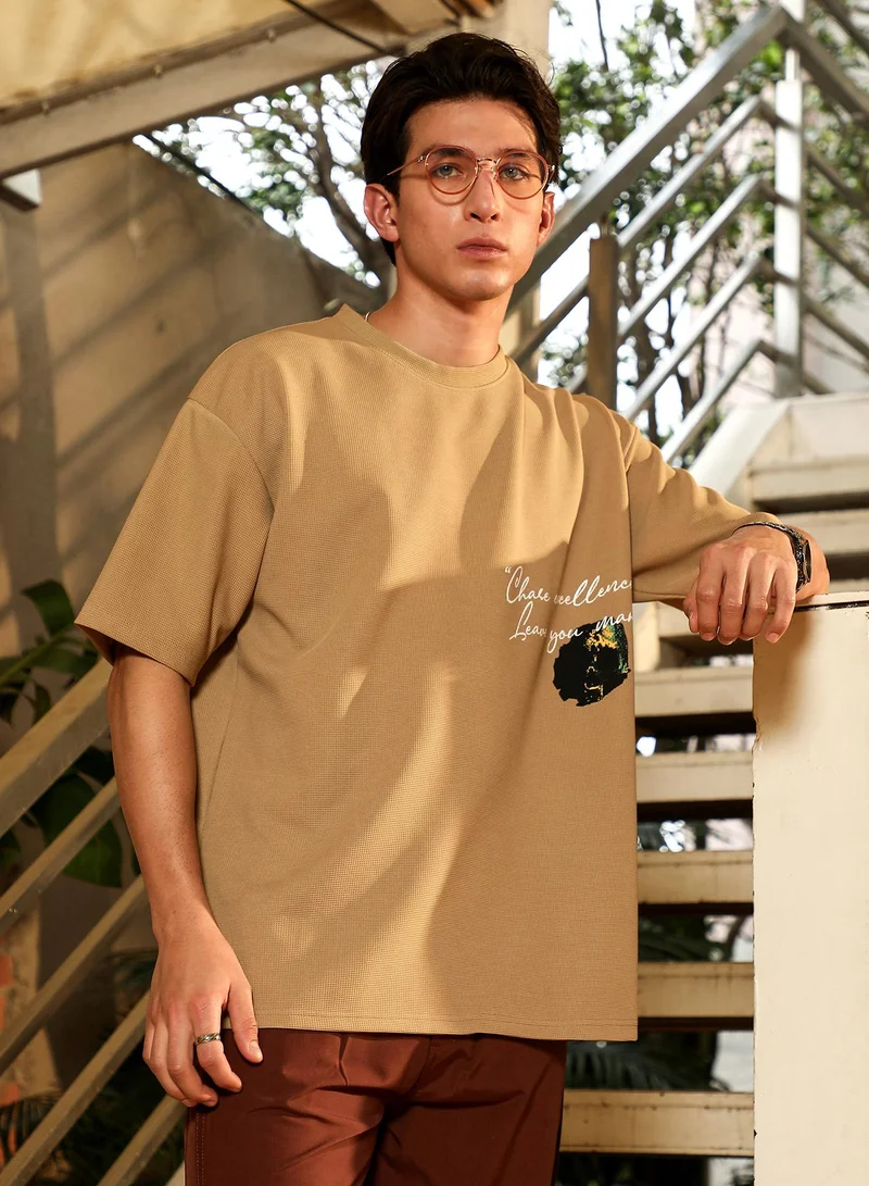 Campus Sutra Campus Sutra Men's Sand Beige Boxy Grecian-Modernism T-Shirt | Round Neck , Short  Regular Sleeves , Pull On Closure | Graphic Placement Print Waffle | Cotton-Blend T-Shirt For Casual Wear