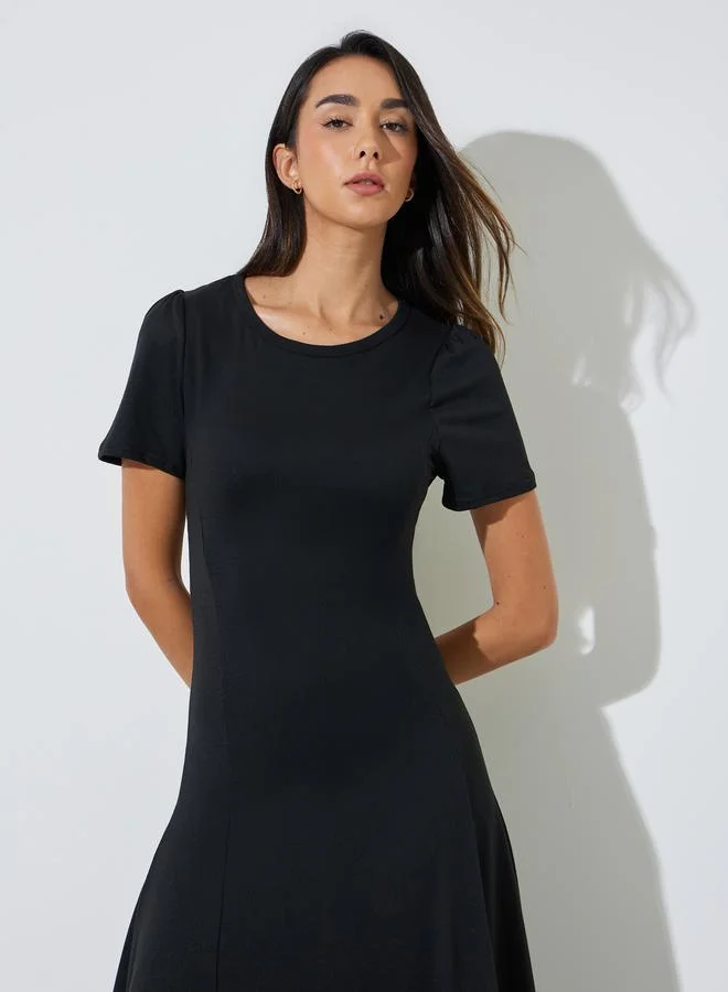 Styli Black Short Sleeve Asymmetrical Hem Midi Dress