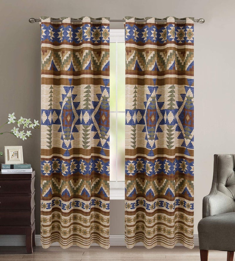 Western Essence Austin Rustic Western Southwest Native American Thermal Insulation Window Treatment Grommet Curtain Set in Beige Taupe Brown Blue and Green Colors  Austin Curtains Taupe Thermal 