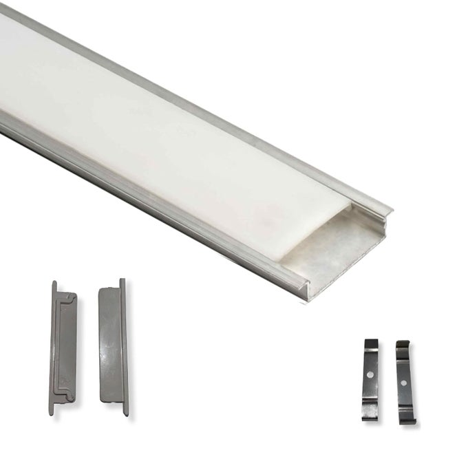 LIGHTING 50X12MM LED STRIP LIGHT 1METER ALUMINIUM RECTANGULAR CONCILED PROFILE LIGHT CHANNELS WITH DIFFUSED COVER END CAPS AND MOUNTING CLIPS WITHOUT LED STRAIGHT LINEAR PACK OF 1