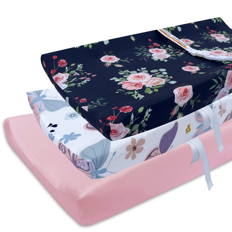 AMROSE 3 Pack Easy Care Changing Pad Covers Ultra Soft Microfiber Diaper Change Table Sheets for Baby Girls Floral Butterfly Pink