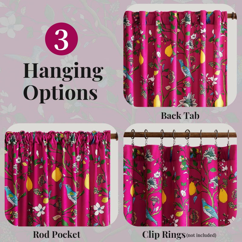 MUSSEL Floral Velvet Curtains 84 inches: Printed Victorian Farmhouse Room Darkening Curtain Drapes for Living Room Bedroom Home Theaters-Vintage Window Curtain With Hummingbirds Pattern,2 Panels,Hot Pink - Image 2