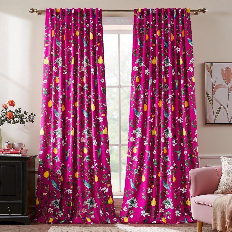 MUSSEL Floral Velvet Curtains 84 inches: Printed Victorian Farmhouse Room Darkening Curtain Drapes for Living Room Bedroom Home Theaters-Vintage Window Curtain With Hummingbirds Pattern,2 Panels,Hot Pink - Image 1