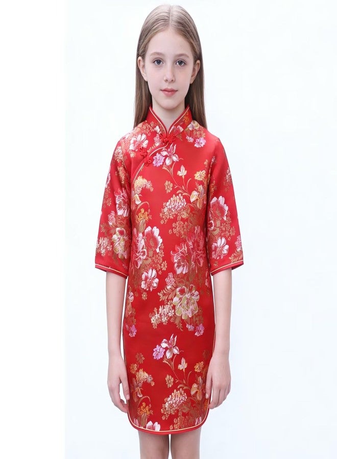 SZCQ Chinese Girls Dress Peony Rose Qipao Half Sleeve Cheongsam Wedding Dresses Princess Birthday Party Costume (Red,6) - Image 5