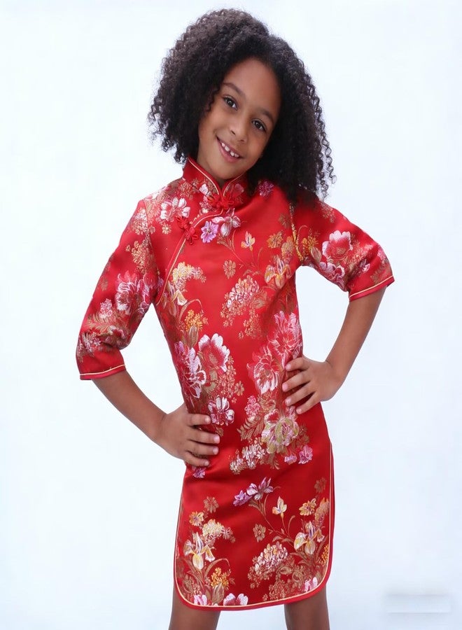 SZCQ Chinese Girls Dress Peony Rose Qipao Half Sleeve Cheongsam Wedding Dresses Princess Birthday Party Costume (Red,6) - Image 3