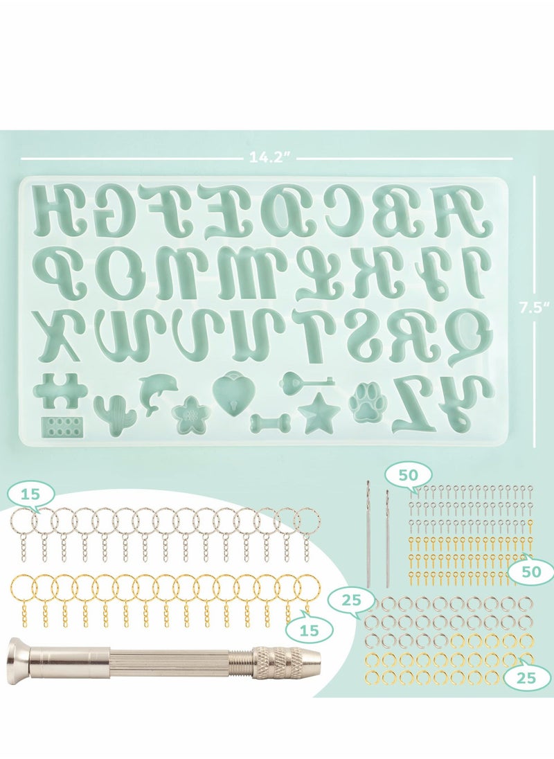 Y&D - 182Pcs Silicone Alphabet Resin Molds Kit, Letter Number Epoxy Casting Keychain Making Set with 1 Hand Drill 2 Bits 30 Key Rings 100 Screw Pins - Image 1