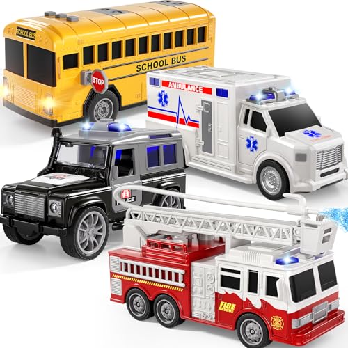KIZONLY Emergency Vehicle Toys Toy Cars for Toddlers 13 with Police Car Fire Truck Ambulance School Bus Friction Powered Truck with Light and Sound Birthday Gift for Boys and Girls Age 312 - Image 1