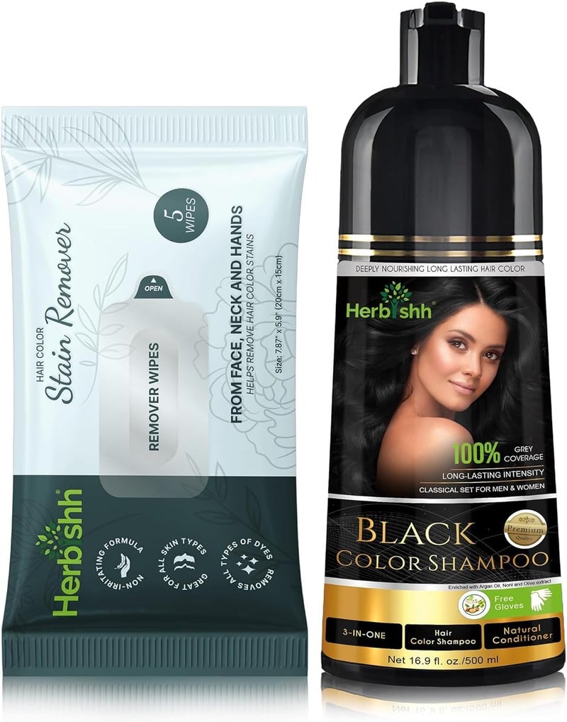 Herbishh Colour Shampoo Black 500 ml with Travel-Sized Hair Dye Stain Remover Wipes - Image 1