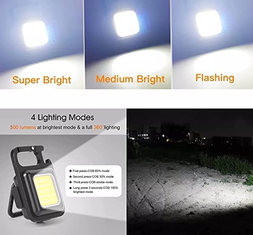 Latest Keychain LED Light 4Hours Battery Life with Bottle Opener Magnetic Base and Folding Bracket Mini COB 500 Lumens Rechargeable Emergency Light Square with 4 Modes Aluminum  - Image 2