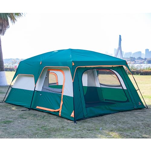 KTT Extra Large Tent 12 Person(A),Family Cabin Tents,2 Rooms,3 Doors and 3 Windows with Mesh,Straight Wall,Waterproof,Double Layer,Big Tent for Outdoor,Picnic,Camping,Family Gathering(Green) - Image 2