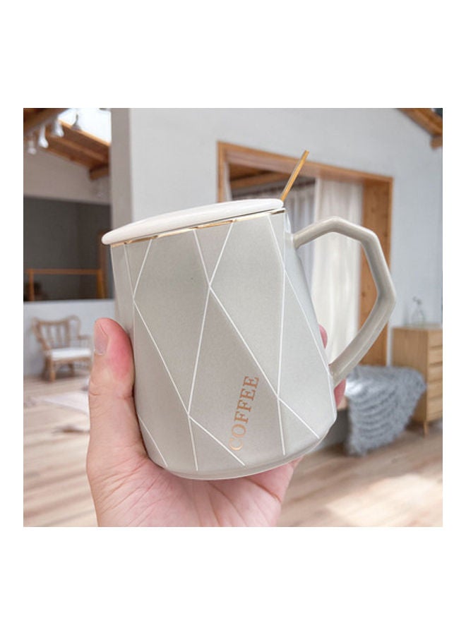 NIBEMINENT Scandinavian Style Diamond-Shaped Lines Coffee Mug With Lid And Spoon Grey/White/Gold
