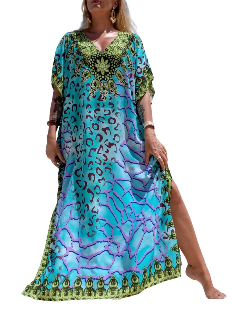 IMAGEKOPE Women's Plus Size Moroccan Print V-Neck Batwing Kaftan Loose Fit Beach Dress Bathing Suit Cover Up - Image 1