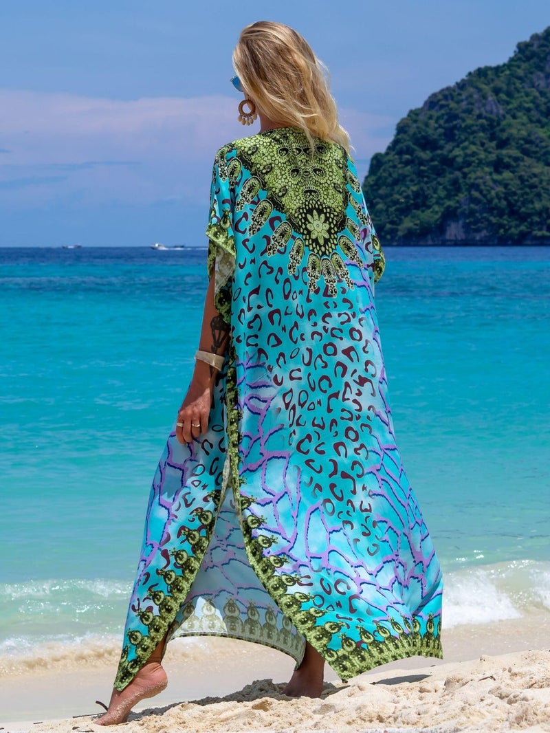 IMAGEKOPE Women's Plus Size Moroccan Print V-Neck Batwing Kaftan Loose Fit Beach Dress Bathing Suit Cover Up - Image 5