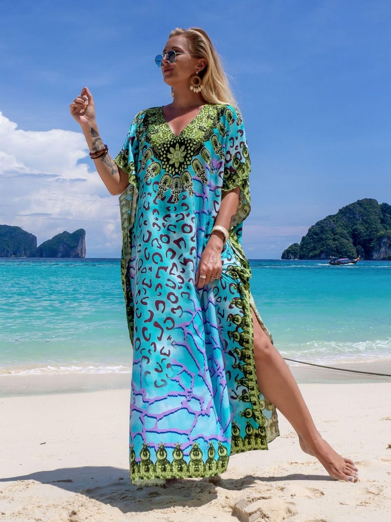 IMAGEKOPE Women's Plus Size Moroccan Print V-Neck Batwing Kaftan Loose Fit Beach Dress Bathing Suit Cover Up - Image 2