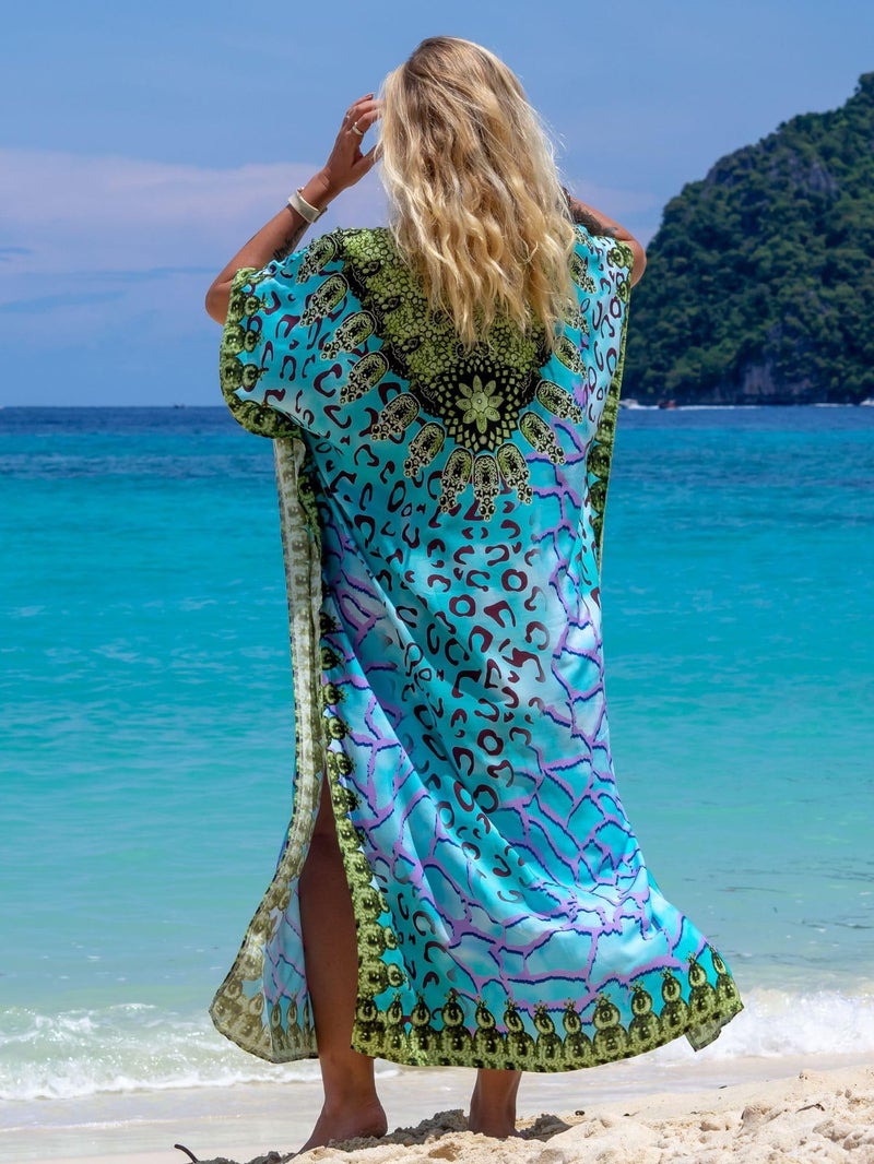 IMAGEKOPE Women's Plus Size Moroccan Print V-Neck Batwing Kaftan Loose Fit Beach Dress Bathing Suit Cover Up - Image 3