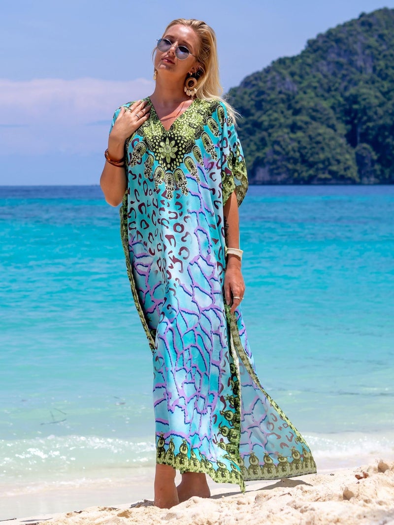 IMAGEKOPE Women's Plus Size Moroccan Print V-Neck Batwing Kaftan Loose Fit Beach Dress Bathing Suit Cover Up - Image 4