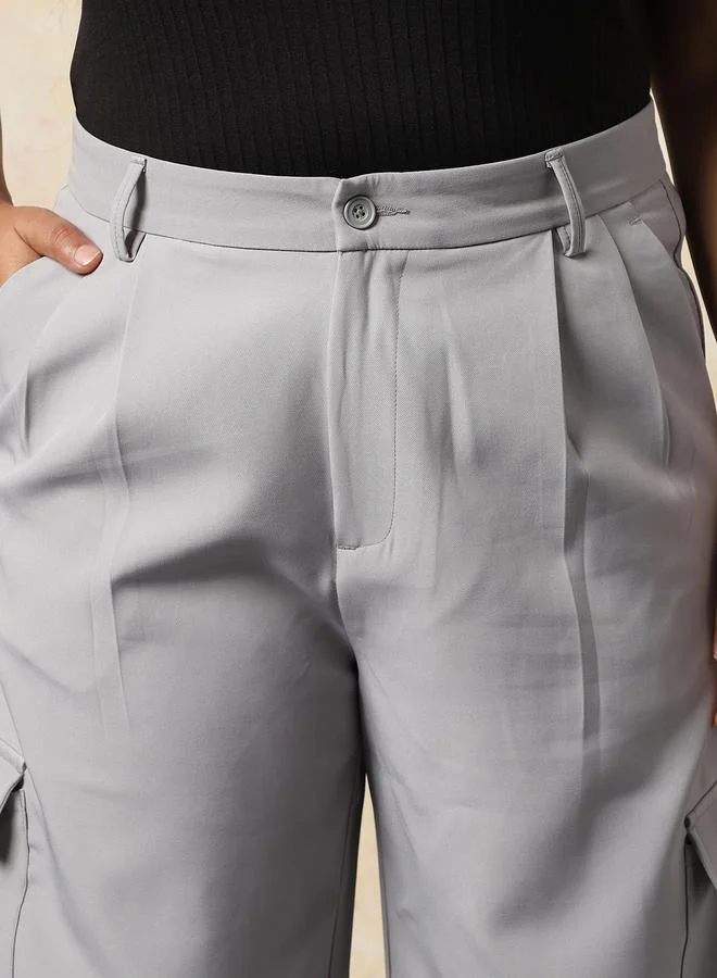 HIGH STAR light grey Women Loose Fit High-Rise Wrinkle Free Pleated korean Cargo Trousers for Women | Best Price UAE