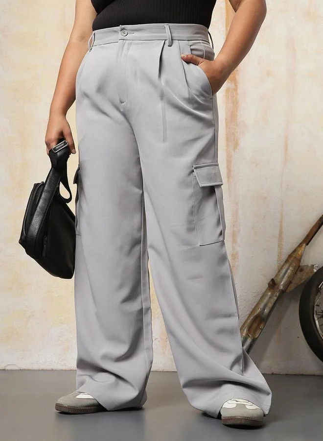 HIGH STAR Women Loose Fit High-Rise Wrinkle Free Pleated korean Cargo Trousers