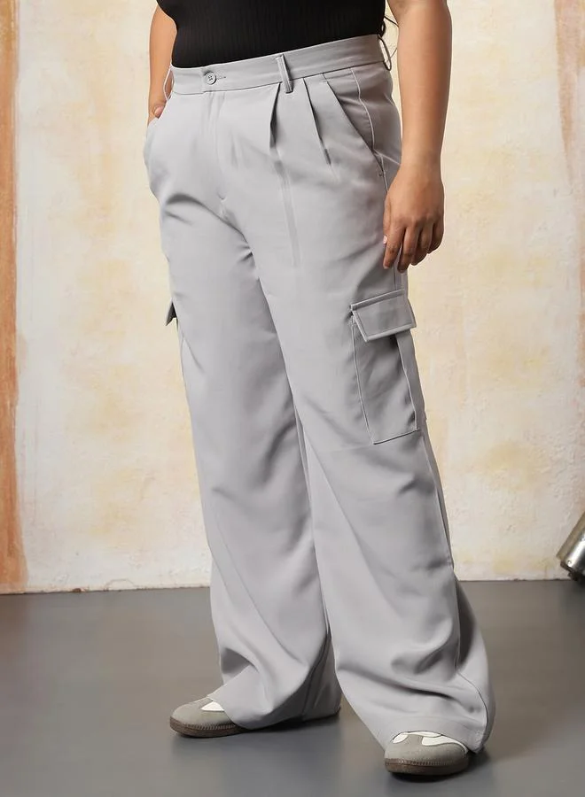 HIGH STAR light grey Women Loose Fit High-Rise Wrinkle Free Pleated korean Cargo Trousers for Women | Best Price UAE
