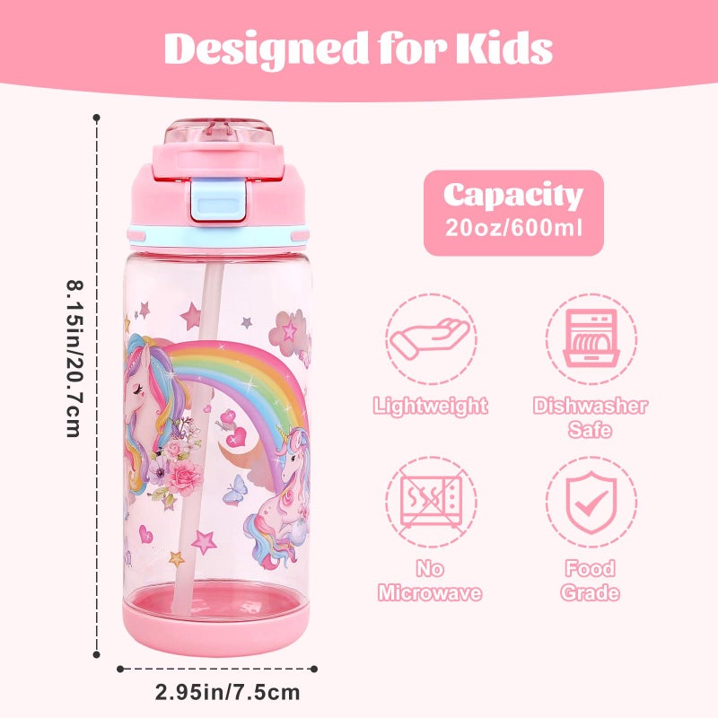 Decalsweet Kids Water Bottle With Straw, 600ml Pink Unicorn Bottle For Girl - Image 3