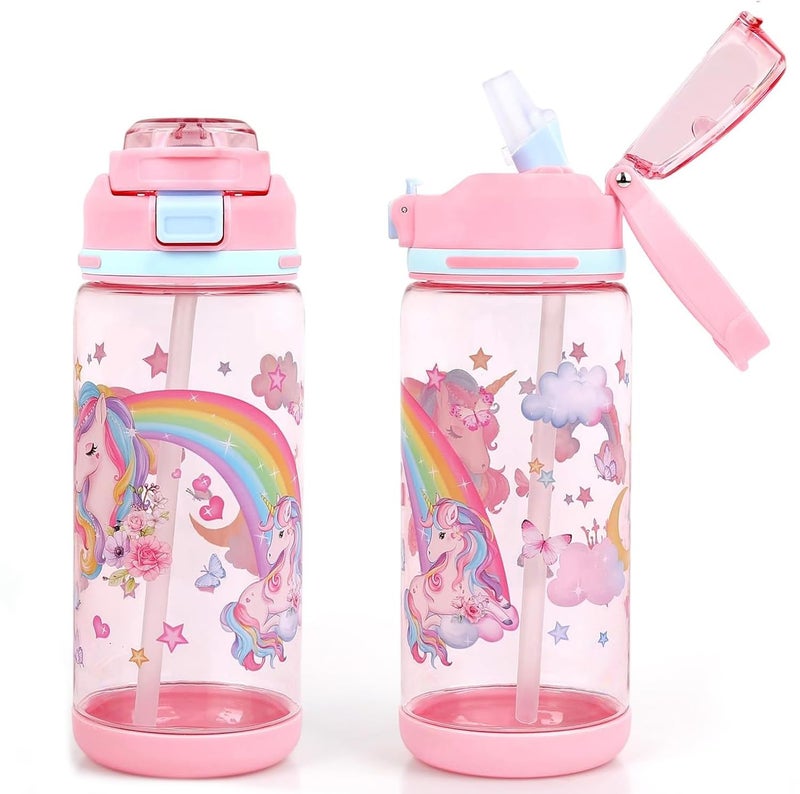 Decalsweet Kids Water Bottle With Straw, 600ml Pink Unicorn Bottle For Girl - Image 1