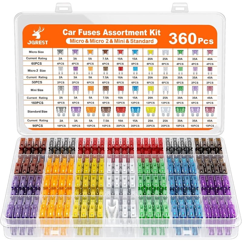 JOREST 360Pcs Car Fuse Assortment Kit, 160 Mini Blade Fuses Automotive + 90 Standard Auto Fuses + 50 Micro Fuse + 60 Micro2 – for RV/Truck/Motorcycle(2A 3A 5A 7.5A 10A 15A 20A 25A 30A 35A 40A) - Image 1