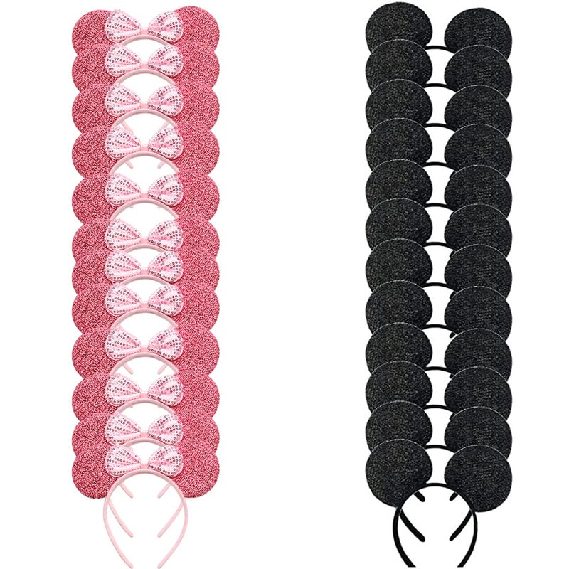 winvin 24 Pcs Mouse Costume Deluxe Ears Headband Red Bow Hairs Accessories Baby Shower Headwear Favors Decorations (Sequin Pink and Black A) - Image 1
