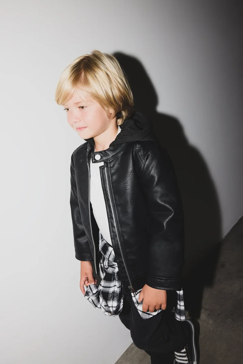 ديفاكتو Baby Boy Hooded Plush Lining Faux Leather Jacket