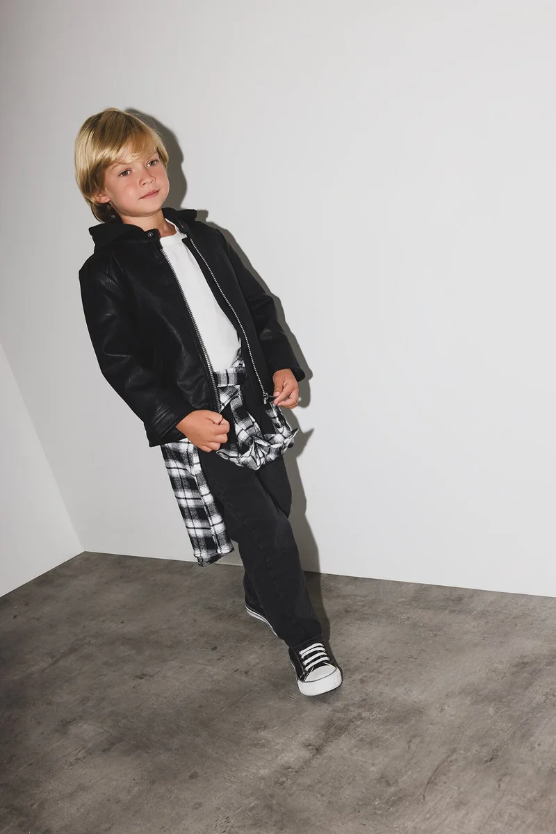 ديفاكتو Baby Boy Hooded Plush Lining Faux Leather Jacket