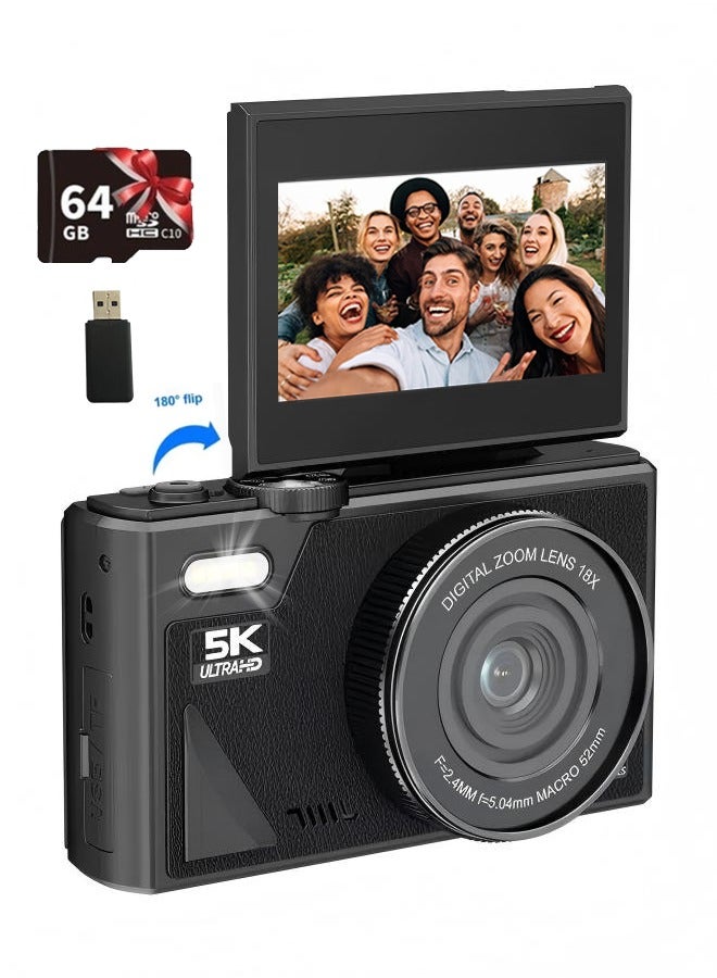 SahlTech 5K Digital Camera with 3'' Flip Screen & 64GB Card - 75MP Point and Shoot Camera, 18X Zoom for Photography/Vlogging, Ideal Gift for Kids/Beginners - Image 1