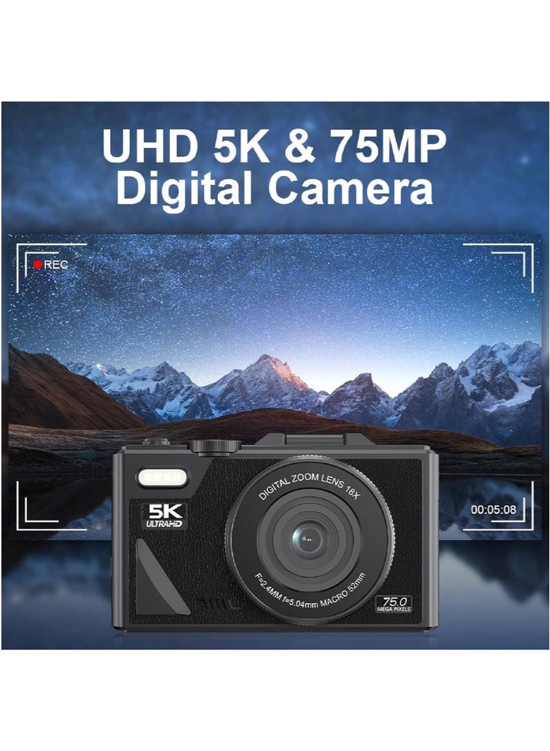 SahlTech 5K Digital Camera with 3'' Flip Screen & 64GB Card - 75MP Point and Shoot Camera, 18X Zoom for Photography/Vlogging, Ideal Gift for Kids/Beginners - Image 2