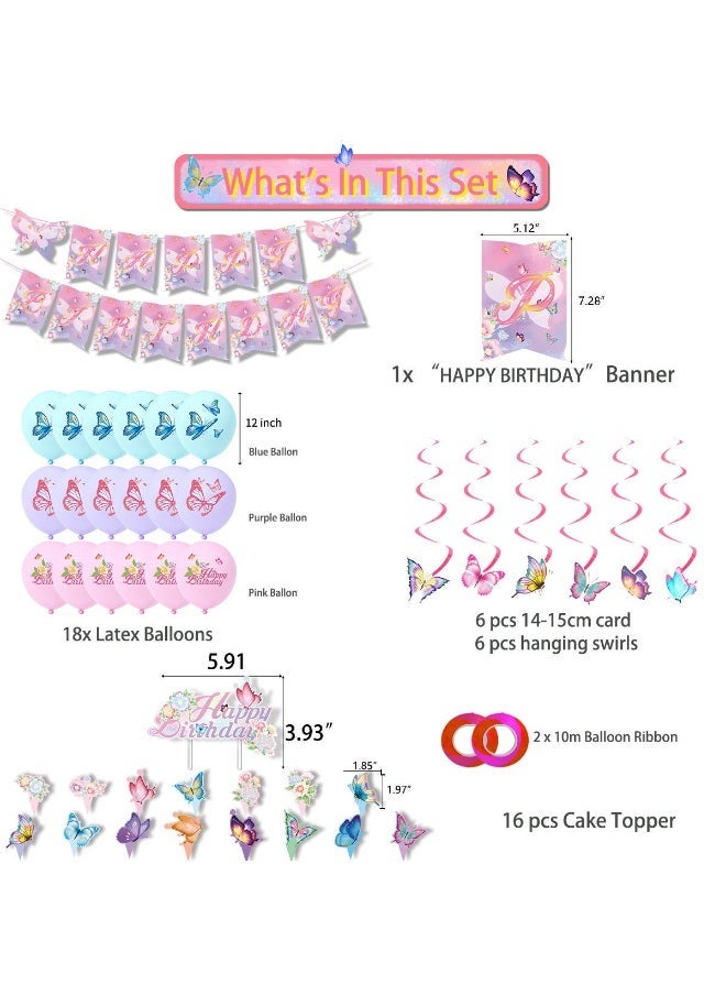 MIXDE 43Pcs Birthday Party Supplies and Decorations Pack, erfly Theme Party Decoration, Birthday Flag; Spiral Pendants; 16*Cake Cards; 18*12-Inch Latex Balloon Sets; 2*10m Rose Ribbon - Image 2