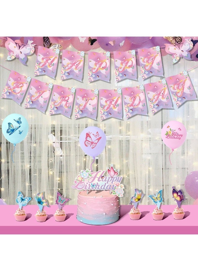 MIXDE 43Pcs Birthday Party Supplies and Decorations Pack, erfly Theme Party Decoration, Birthday Flag; Spiral Pendants; 16*Cake Cards; 18*12-Inch Latex Balloon Sets; 2*10m Rose Ribbon - Image 1