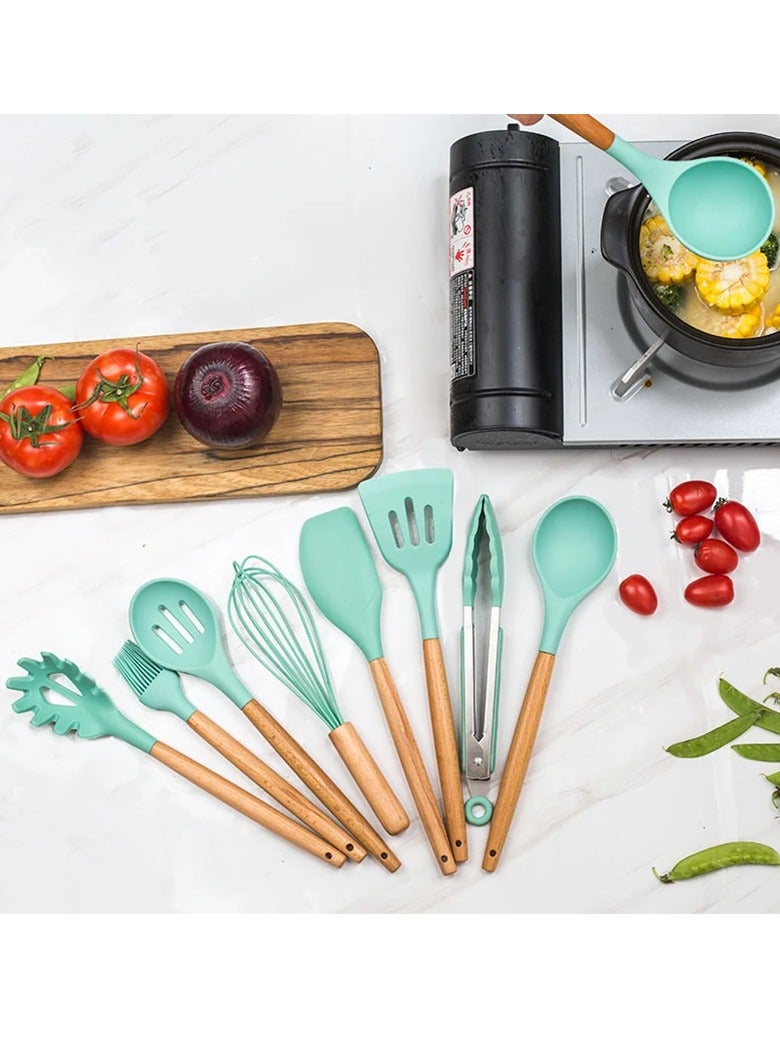 AROAQ 12pcs Silicone Kitchen Utensils Set With Wooden Handle And Storage Bucket, Heat Resistant Silicone Kitchen Spatulas Set, (Black)  - Image 2