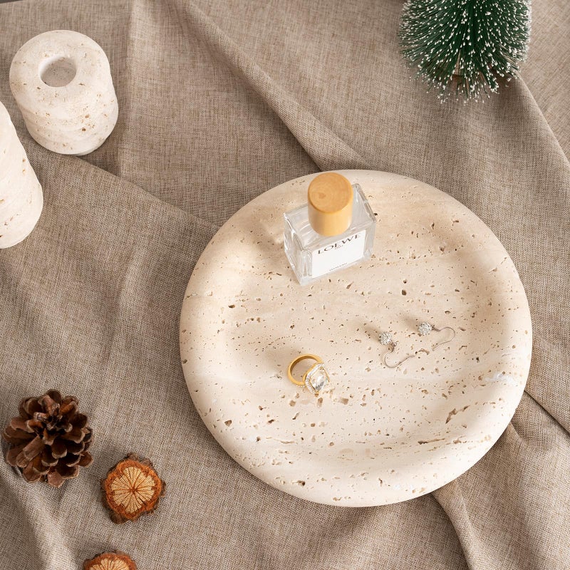 Koville Italian Round Travertine Tray, 8" Vanity Decorative Marble Tray for Countertop, Catchall for Perfume, Candles, Jewelry Dish - Image 5