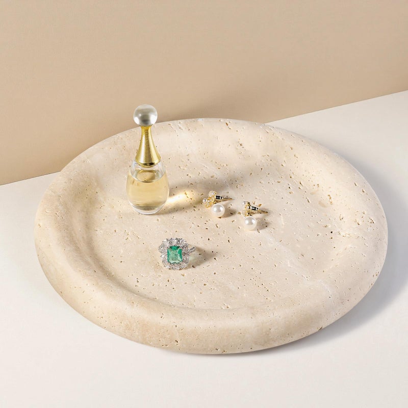 Koville Italian Round Travertine Tray, 8" Vanity Decorative Marble Tray for Countertop, Catchall for Perfume, Candles, Jewelry Dish - Image 1