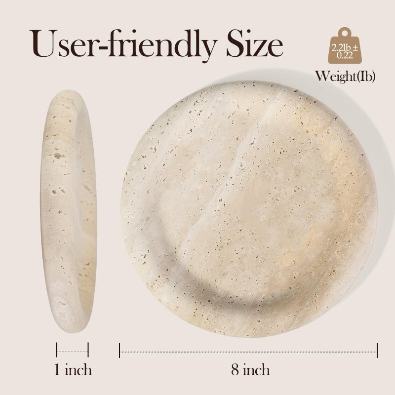 Koville Italian Round Travertine Tray, 8" Vanity Decorative Marble Tray for Countertop, Catchall for Perfume, Candles, Jewelry Dish - Image 2