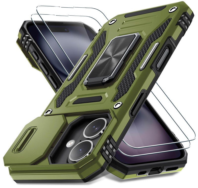 DEERLAMN Case for iPhone 16 with Slide Camera Cover+Screen Protector (2 Packs), Rotated Ring Kickstand Military Grade Shockproof Protective Cover-Olive Green - Image 1