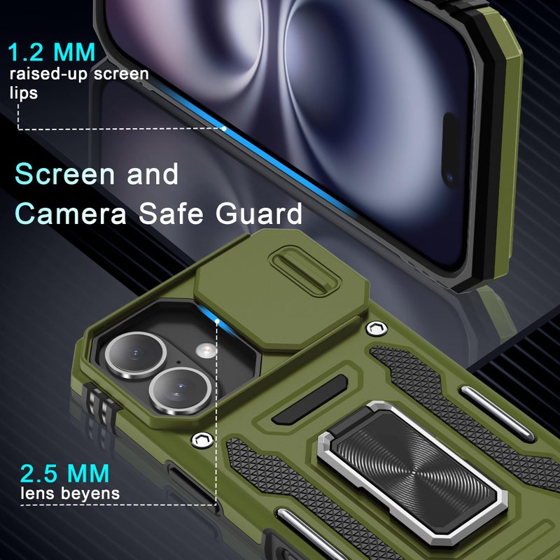 DEERLAMN Case for iPhone 16 with Slide Camera Cover+Screen Protector (2 Packs), Rotated Ring Kickstand Military Grade Shockproof Protective Cover-Olive Green - Image 5