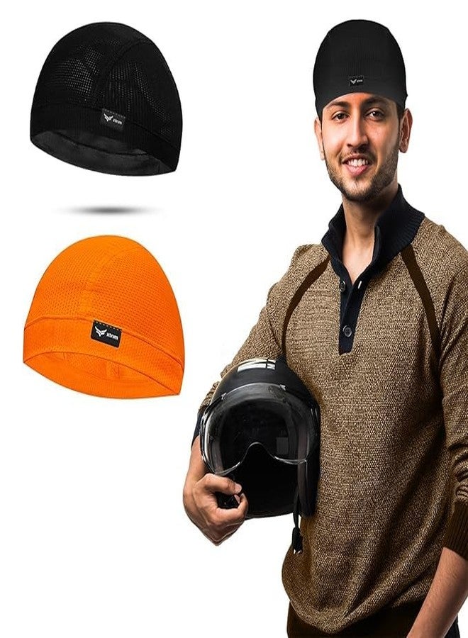XTRIM Unisex Helmet Skull Cap for Bikers & Cyclists, Cotton Head Cap, Hair Inner Helmet Cap for Men, Sweat Cooling Beanie Cap for Men for Women, Skull Mask for Bike (Pack of 2, Orange & Black) - Image 1