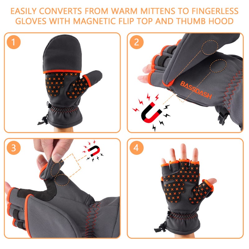 BASSDASH WinteFlex Insulated Ice Fishing Mittens Cold Weather Fingerless Gloves Water Resistant for Men Women Hunting - Image 2