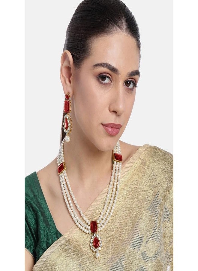 Aheli Maroon Kundan Long Necklace Earring Indian Traditional Bharatanatyam jewellery Set Gift for Women - Image 3