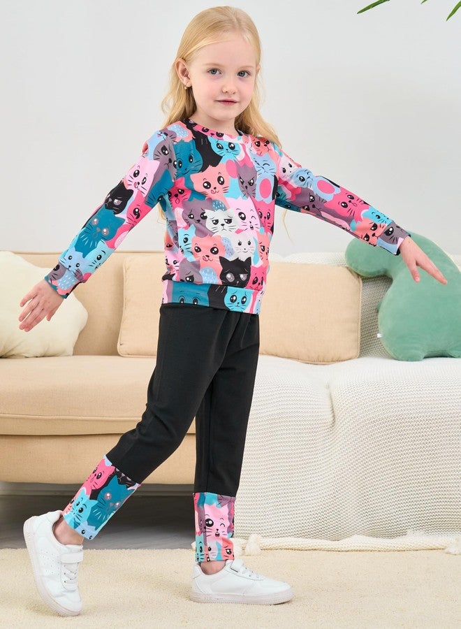RETSUGO Girls Cat Outfit Cat Clothes for Girls Kitty Shirts Cartoon Sweatshirts Top Black Leggings 2PCS Girl Clothes Fall/Winter Kids Clothes Sets Size 7/6951 - Image 3