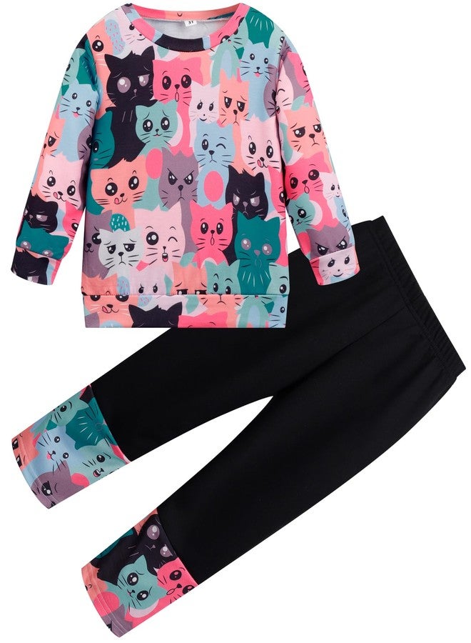 RETSUGO Girls Cat Outfit Cat Clothes for Girls Kitty Shirts Cartoon Sweatshirts Top Black Leggings 2PCS Girl Clothes Fall/Winter Kids Clothes Sets Size 7/6951 - Image 1