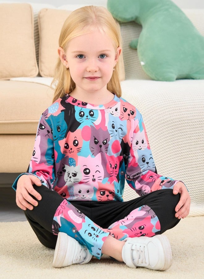 RETSUGO Girls Cat Outfit Cat Clothes for Girls Kitty Shirts Cartoon Sweatshirts Top Black Leggings 2PCS Girl Clothes Fall/Winter Kids Clothes Sets Size 7/6951 - Image 4