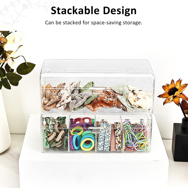 JessLab Hair Accessories Organizer for Girls, Acrylic Hair Bow Tie Clip Scrunchie Holder with Dividers, Clear Stackable Storage Box for Bathroom, Bedroom, Vanity Countertop, 1 Compartment - Image 4