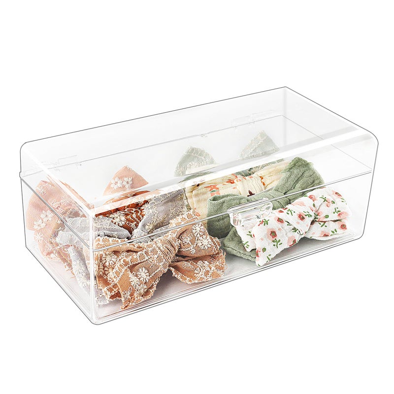 JessLab Hair Accessories Organizer for Girls, Acrylic Hair Bow Tie Clip Scrunchie Holder with Dividers, Clear Stackable Storage Box for Bathroom, Bedroom, Vanity Countertop, 1 Compartment - Image 1