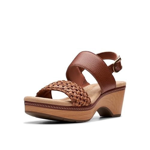 Clarks Women's Seannah Step Wedge Sandal, Tan Leather, 8.5 Wide - Image 1