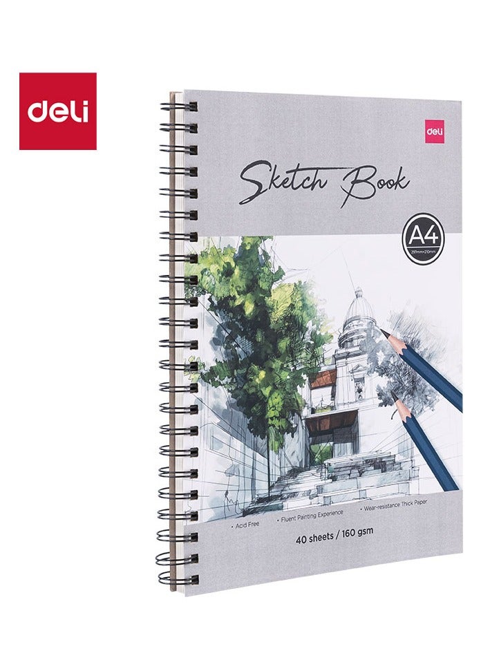 Deli EC403 A4-40pages Cardboard cover Leftside Spiral Sketch Book 160g+ Watercolor Paper - Ideal for Sketching & Painting - Image 1